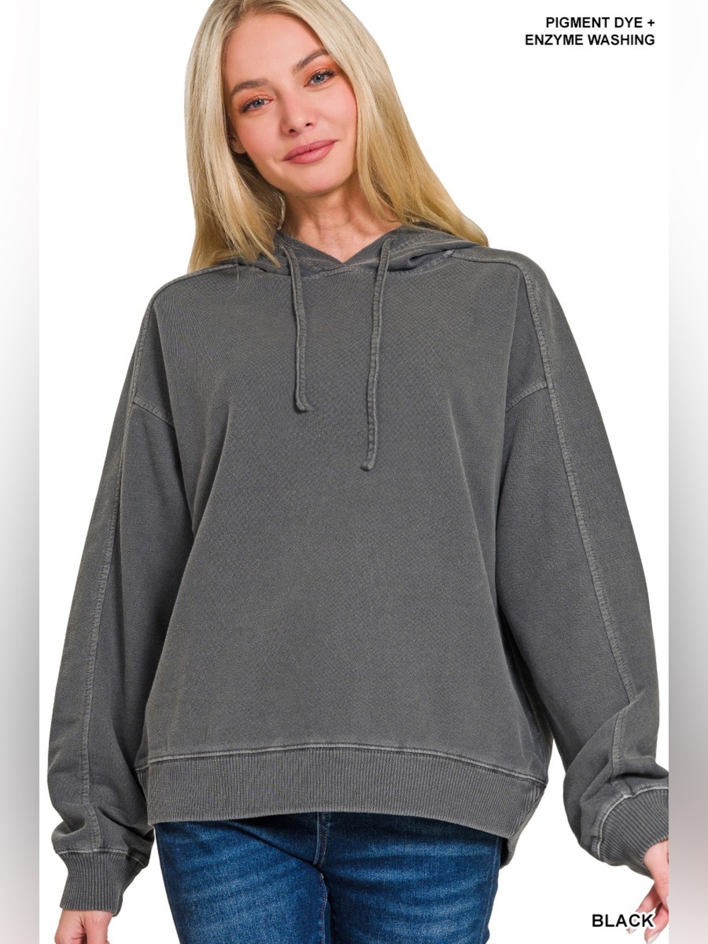 Zenana Black Pigment Dye & Enzyme Washed French Terry Hoodie - Picture 3 of 3